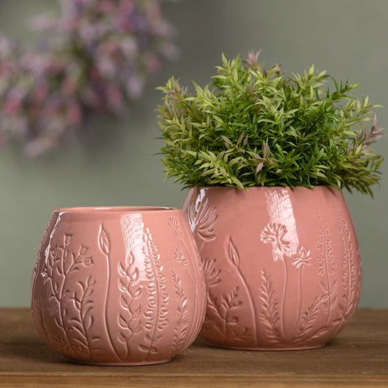 Floral-Etched-Ceramic-Planter,-Set-of-2-Planters