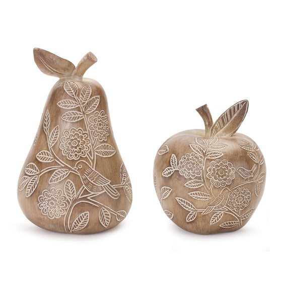 Floral-Etched-Pear-and-Apple-Décor,-Set-of-2-Decorative-Accessories
