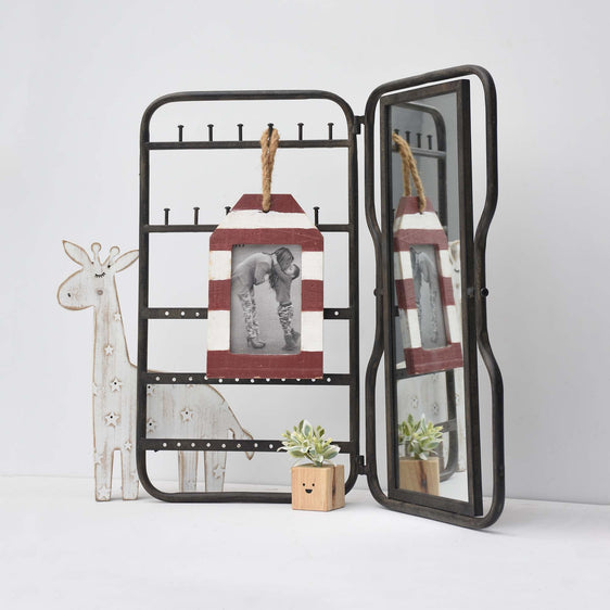 Foldable-Jewelry-Holder-with-Mirror,-Black-Metal-Jewelry-Organizer-Stand-and-Tabletop-Storage-Mirrors