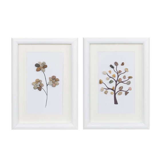 Framed-Tree-and-Floral-Pebble-Art,-Set-of-2-Wall-Art