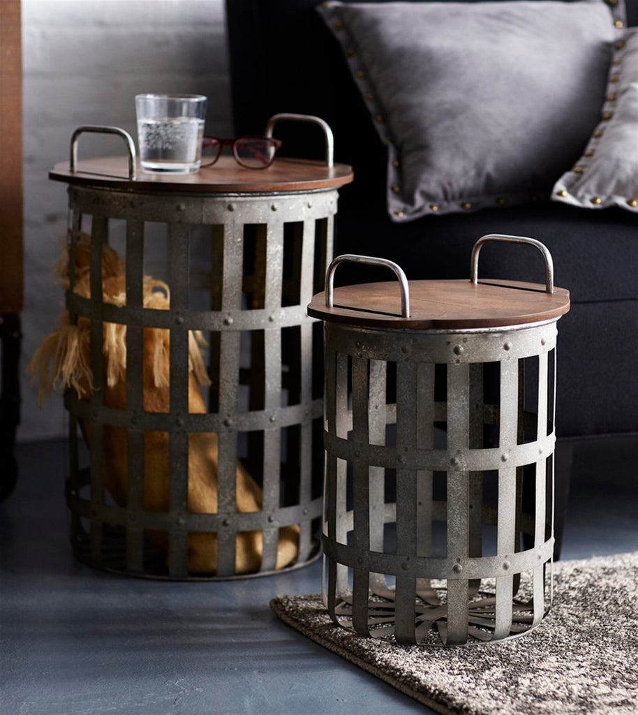 Galvanized-Metal-and-Wood-Side-Basket-Tables,-Set-of-2-Decor