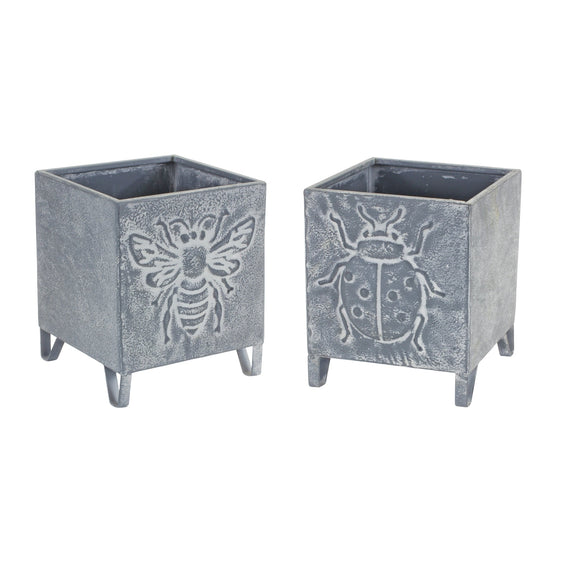 Galvanized-Metal-Plater-with-Bumble-Bee-and-Lady-Bug-Design,-Set-of-2-Planters