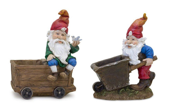 Garden-Gnome-Figurine-with-Wagon-and-Wheelbarrow,-Set-of-2-Outdoor-Decor