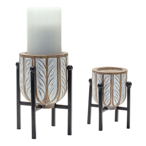 Geometric Wood Design Candle Holder with Metal Stand (Set of 2) - Candles and Accessories