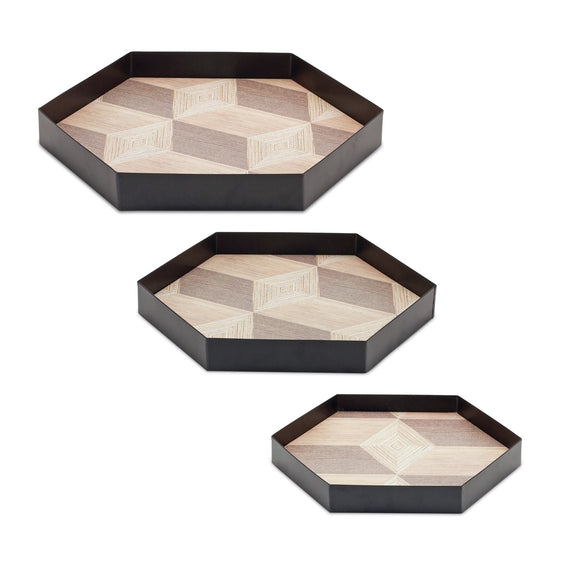 Geometric-Wooden-Tray-with-Metal-Accent,-Set-of-3-Decorative-Trays