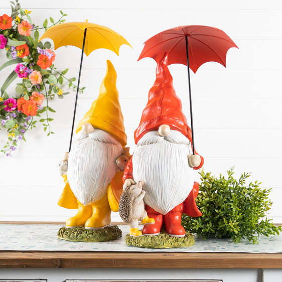 Gnome-with-Umbrella-and-Woodland-Animals,-Set-of-2-Outdoor-Decor