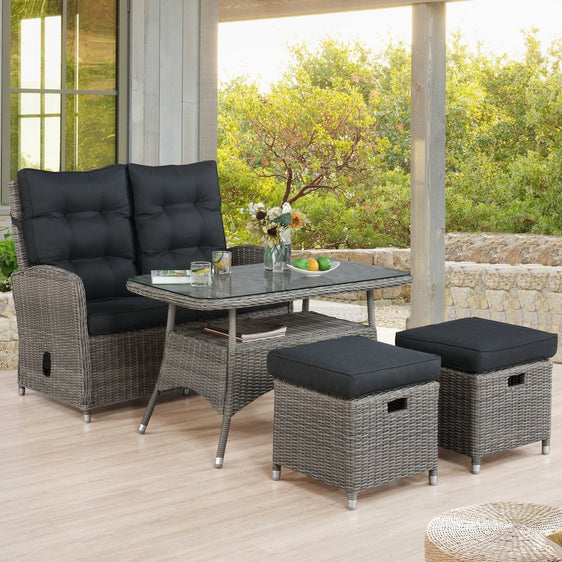 Gray Monaco All-weather 4-piece Set with Two-seat Reclining Bench, 26" Cocktail Table and Two Ottomans - Pier 1