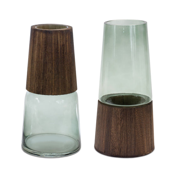Green-Tapered-Glass-Vase-with-Wood-Accent,-Set-of-2-Vases