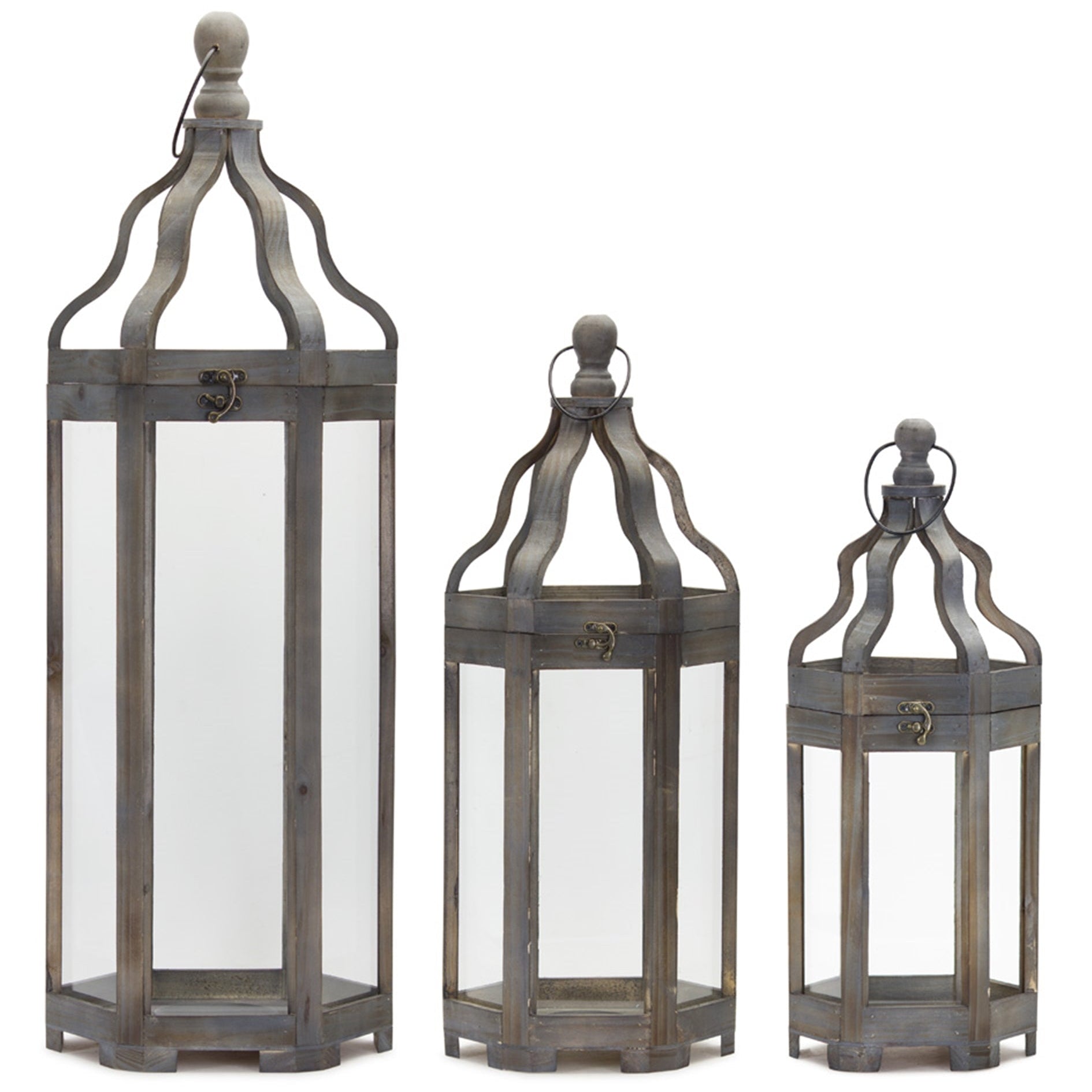 Grey-Wood-Floor-Lantern-with-Curved-Top,-Set-of-3-Lanterns