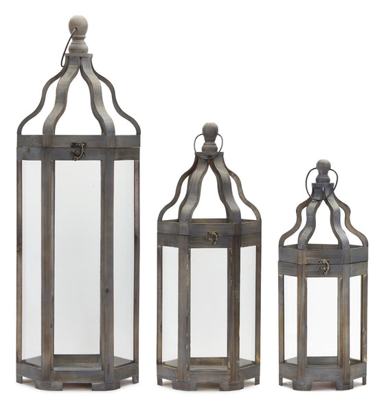 Grey-Wood-Floor-Lantern-with-Curved-Top,-Set-of-3-Lanterns