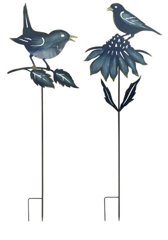 Iron-Metal-Cut-Out-Bird-and-Flower-Garden-Stake,-Set-of-2-Outdoor-Decor