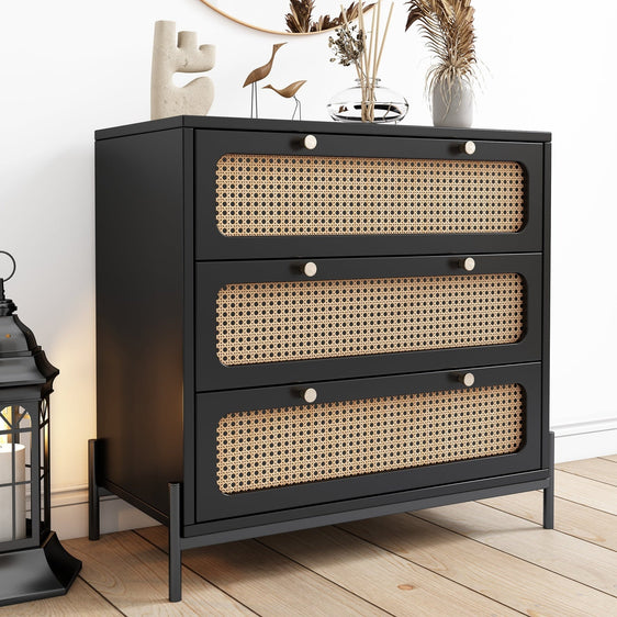 Jasper 3 Drawer Wood Dresser with Rattan Inlay and Modern Industrial Legs - Dressers
