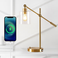 Kathryn Classic Iron/Seeded Glass Adjustable Head Modern USB Charging LED Task Lamp - Table Lamps