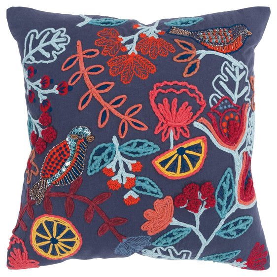 Knife Edge Embroidered Cotton Floral With Bird Pillow Cover - Decorative Pillows