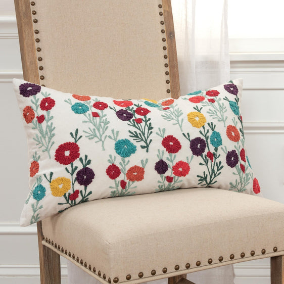 Knife Edged Embroidered Cotton Floral Pillow Cover - Decorative Pillows
