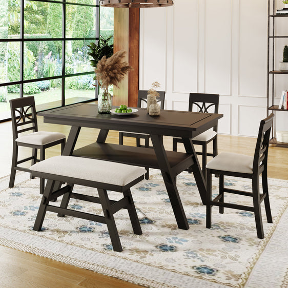 Lauren-6-Piece-Counter-Height-Dining-Table-Set-with-Storage-Shelf,-4-Chairs-and-Bench-Dining-Set