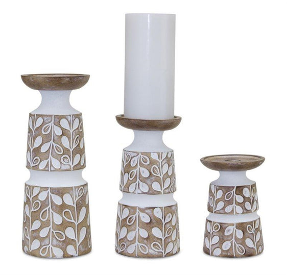 Leaf Pattern Candle Holder with Wood Design (Set of 3) - Candles and Accessories