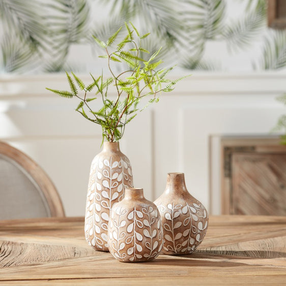 Leaf-Print-Vase-with-Wood-Design,-Set-of-3-Vases