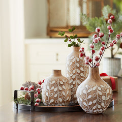 Leaf Print Vase with Wood Design, Set of 3 - Vases