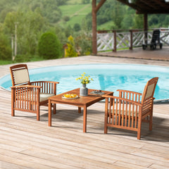 Light Brown Oil Lyndon Eucalyptus Wood 3-piece Set with Set of 2 Chairs with Cushions and Cocktail Table - Outdoor Seating