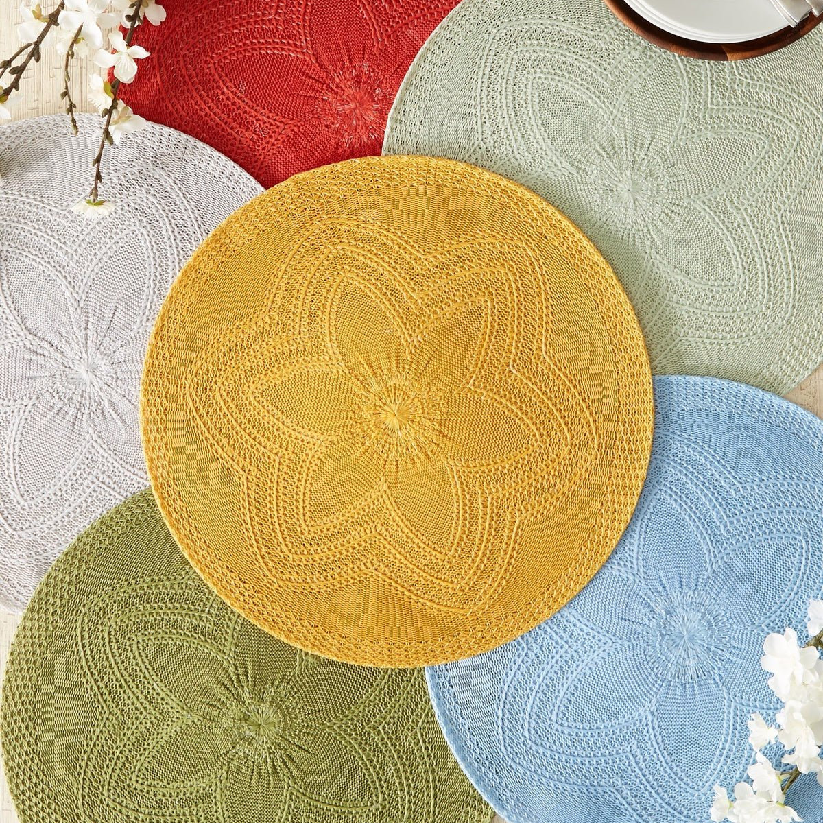 Light Gray Floral Pp Woven Round Placemats, Set of 6 - Placemats