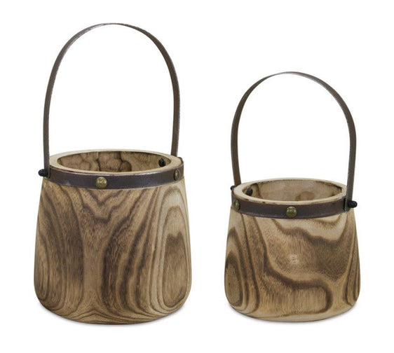 Light Wooden Pail Planter with Metal Handle Accent, Set of 2 - Planters