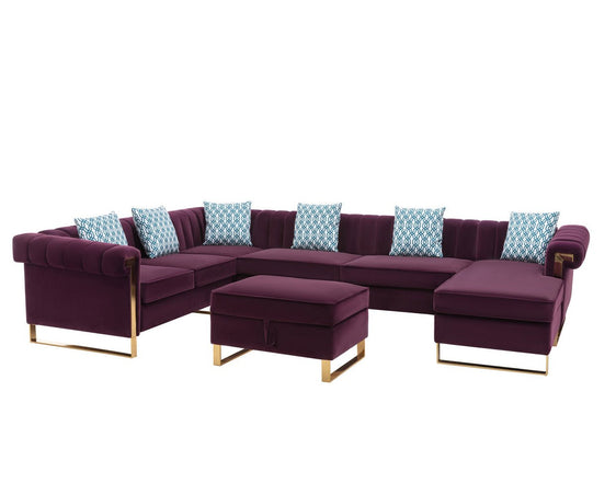 Maddie Velvet 7 Seater Sectional Sofa Reversible with Storage Ottoman and 6 Pillows - Sofas