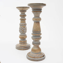 Mango-Wood-Pillar-Candle-Holders,-Set-of-2-Candle-Holders