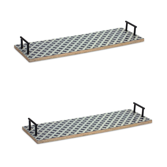 Mango Wood Tray with Geometric Design and Metal Handle Accents, Set of 2 - Decorative Trays