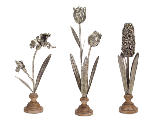 Metal-Floral-Stem-Sculpture-with-Wood-Style-Base,-Set-of-3-Decor
