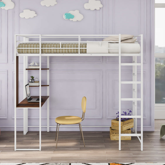 Metal Loft Bed with 2 Shelves and Desk - Beds