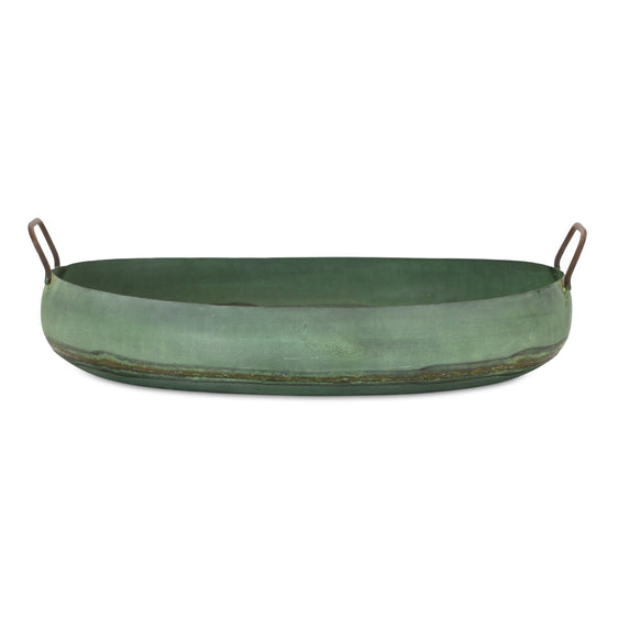 Metal Oval Tray Planter with Distressed Green Finish, Set of 2 - Planters
