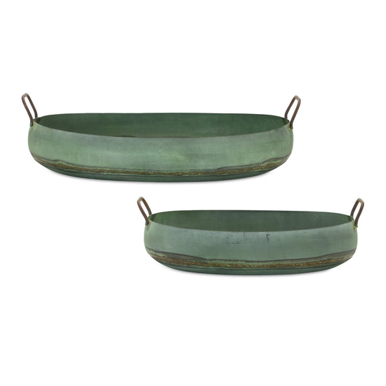 Metal Oval Tray Planter with Distressed Green Finish, Set of 2 - Planters