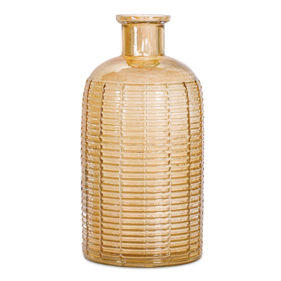 Mid Century Amber Ribbed Glass Vase 10" - Vases