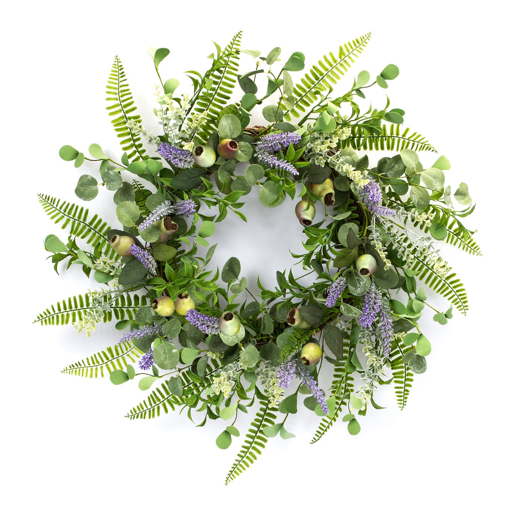 Mixed Fern and Eucalyptus Wreath with Pod and Lavender Accents 19.5" - Wreaths