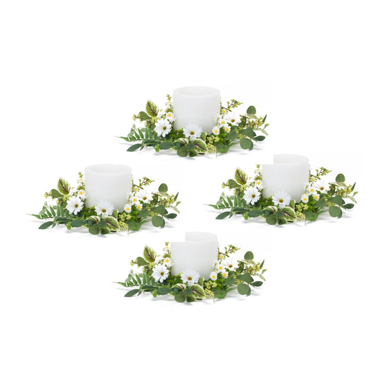 Mixed-Foliage-and-Daisy-Candle-Ring,-Set-of-4-Candles-and-Accessories