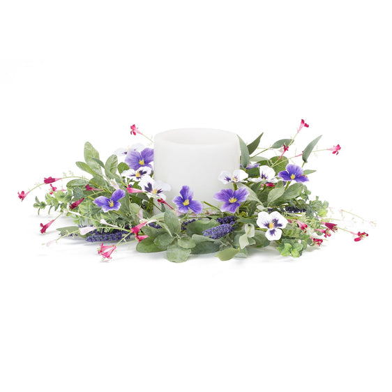 Mixed-Foliage-and-Pansy-Candle-Rings,-Set-of-4-Faux-Florals