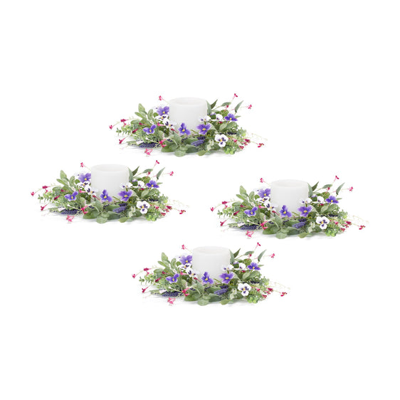 Mixed Foliage and Pansy Candle Ring, Set of 4 - Faux Florals