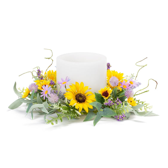 Mixed-Sunflower-and-Thistle-Candle-Ring,-Set-of-6-Candles-and-Accessories