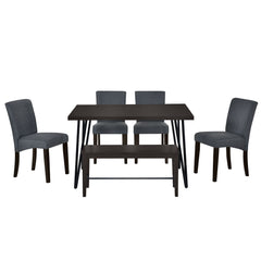 Modern 6-Piece Dining Table Set with V-Shape Metal Legs, 4 Upholstered Chairs and Bench - Dining Set