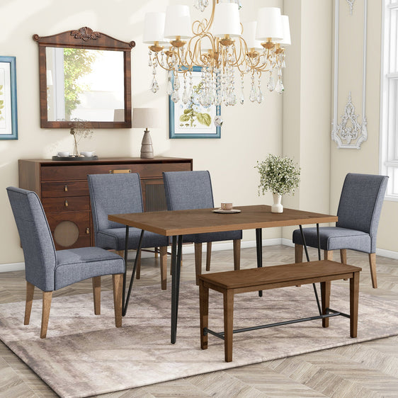 Modern-6-Piece-Dining-Table-Set-with-V-Shape-Metal-Legs,-4-Upholstered-Chairs-and-Bench-Dining-Set