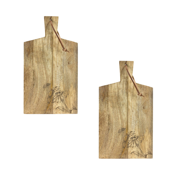 Natural-Mango-Wood-Cutting-Board-with-Etched-Floral-and-Bee-Design,-Set-of-2-Serveware