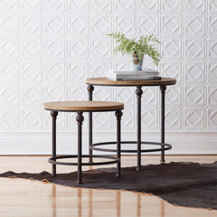 Natural-Wood-and-Metal-Round-Table-(Set-of-2)-End-Tables