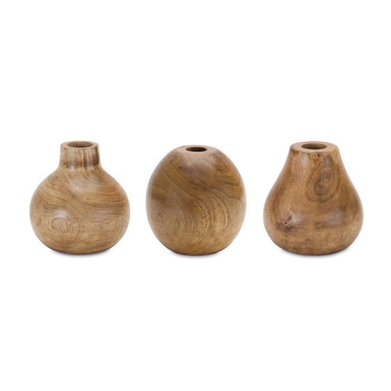 Natural-Wood-Bud-Vase,-Set-of-3-Vases