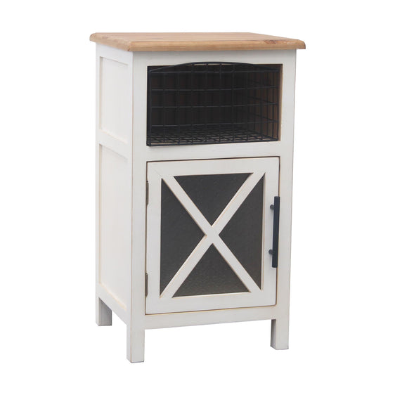 Natural Wood Farmhouse Wooden Side Table with X-designed Glass Door and Storage Basket - End Tables