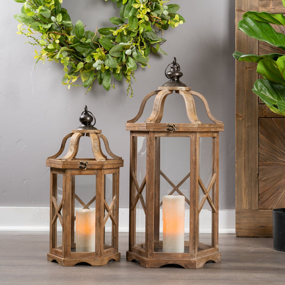 Natural-Wood-Hexagon-Lantern-with-Curved-Top,-Set-of-2-Lanterns