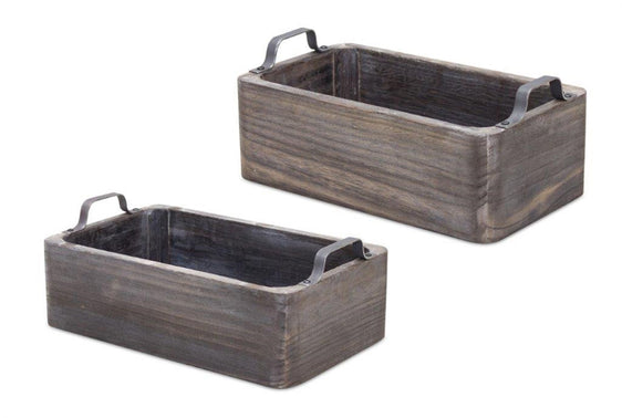 Natural Wooden Box Tray with Metal Handle Accent, Set of 2 - Decorative Trays