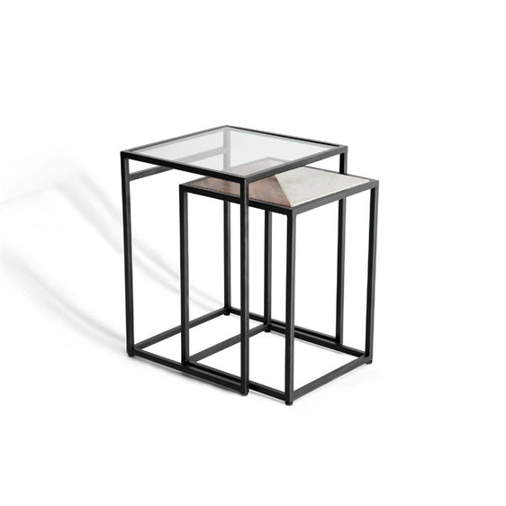 Nesting Table with Glass Top & Metal Legs, Small one is Wooden & Metal Legs - Side Tables