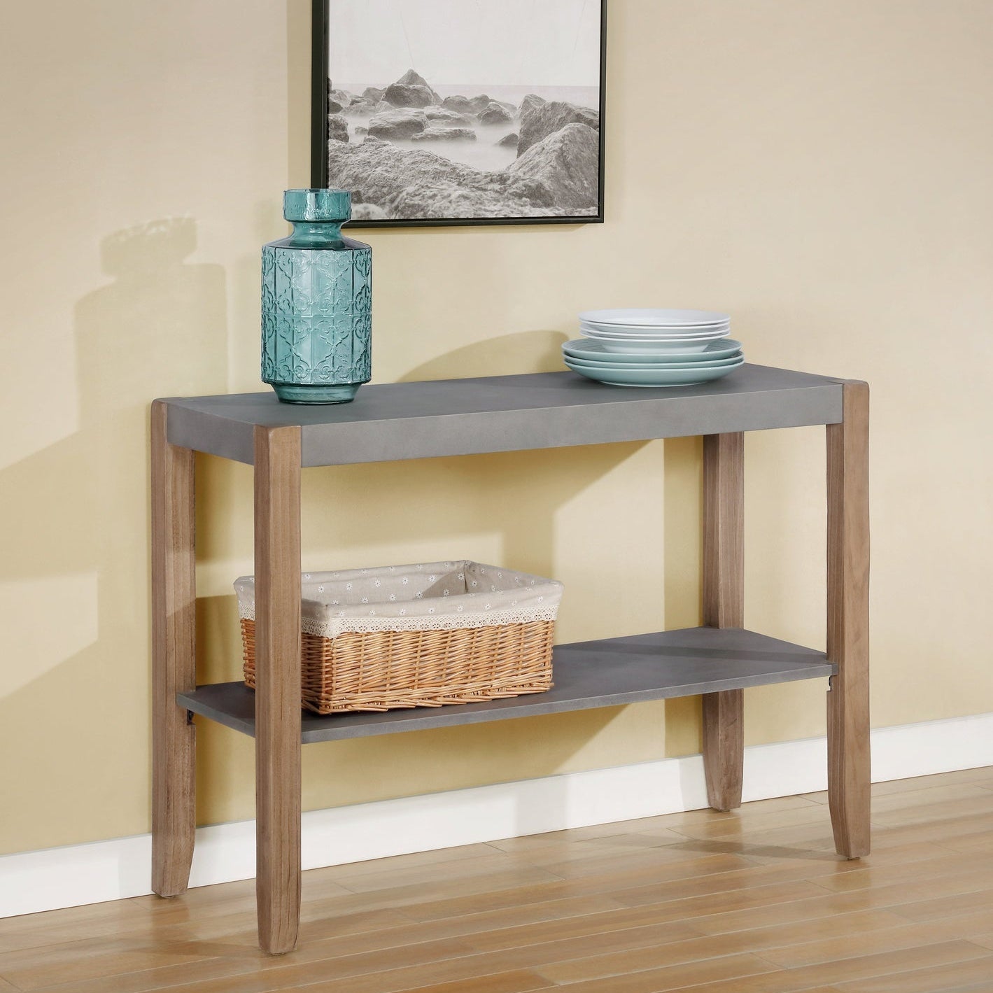Newport 40"L Faux Concrete and Wood Sofa/TV Console Table with Shelf - Consoles