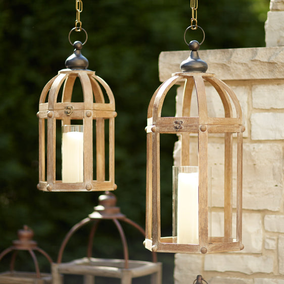 Open-Wood-Lantern-with-Glass-Hurricane,-Set-of-2-Lanterns